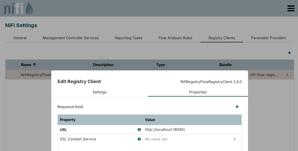 NiFi local registry client connection